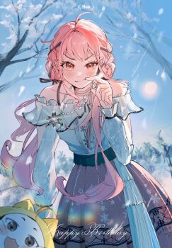 Rule 34 | 1girl, ahoge, animal, arm cutout, artist name, bead necklace, beads, belt, black belt, black ribbon, blue sky, blush stickers, bow, bow choker, bowtie, brown eyes, bush, buttons, cat, center frills, cheek poking, cherry blossoms, chinese commentary, choker, cloak, closed mouth, clothed animal, clothing cutout, collarbone, commentary request, cowboy shot, day, dot nose, ear covers, english text, eyelashes, flower, frilled shirt, frilled sleeves, frills, hair intakes, hair ribbon, half-closed eye, happy birthday, hexagram, highres, hood, hood up, hooded cloak, infinity nikki, jewelry, layered skirt, leaning forward, light blush, long hair, long sidelocks, long sleeves, low twintails, momo (nikki), necklace, nikki (nikki), nikki (series), off-shoulder shirt, off shoulder, open mouth, outdoors, perfect start (infinity nikki), pink bow, pink bowtie, pink choker, pink hair, pink skirt, pleated skirt, poking, print skirt, print sleeves, procreate (medium), puffy long sleeves, puffy sleeves, ribbon, shirt, sidelocks, single stripe, skirt, sky, smirk, smug, snowflake print, snowing, star (symbol), star necklace, star print, striped bow, striped bowtie, striped choker, striped clothes, sun, tree, tress ribbon, twintails, v-shaped eyebrows, very long hair, wavy hair, whiskers, white cat, white flower, white shirt, white skirt, winter, xiushoupangguan068, yellow cloak