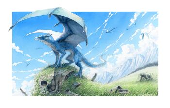 blue_sky border cloud day dragon flying grass mountain no_humans original outdoors outside_border overgrown ruins sky tama_(amedamadou) twitter_username white_border