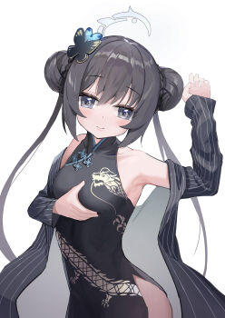 1girl absurdres arm_up armpits bare_shoulders black_hair black_jacket blue_archive blush braid breasts bun_with_braided_base butterfly_hair_ornament china_dress chinese_clothes closed_mouth commentary cowboy_shot double_bun dragon_print dress eyelashes fengxue grabbing_own_breast grey_eyes grey_halo hair_between_eyes hair_bun hair_ornament halo hand_up highres jacket jacket_partially_removed kisaki_(blue_archive) long_hair long_sleeves looking_at_viewer open_clothes open_jacket pelvic_curtain print_dress sidelocks simple_background sleeveless sleeveless_dress small_breasts solo striped_clothes striped_jacket twintails vertical-striped_clothes vertical-striped_jacket very_long_hair white_background