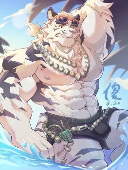 1boy abs absurdres animal_ear_fluff animal_ears arm_behind_head bara bare_pectorals black_male_underwear bulge animal_nose dated dislyte eyewear_on_head fangs fangs_out furry furry_male hair_tie highres jewelry jin_qiu_(ru_shou)_(dislyte) jin_qiu_(ru_shou)_(wild_python)_(dislyte) key looking_at_viewer male_focus male_underwear muscular muscular_male navel necklace nipples pectoral_cleavage pectorals ponytail pukuruku signature sunglasses tail thick_eyebrows tiger_boy tiger_ears tiger_stripes tiger_tail topless_male underwear water yellow_eyes