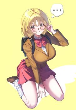 ... 1girl adjusting_eyewear arm_up backpack bag between_legs black_bag blonde_hair bow bowtie breasts brown_jacket brown_shoes cola_(kibyland) commentary english_commentary grey_eyes hand_between_own_legs highres jacket kneeling lapels large_breasts long_sleeves looking_at_viewer loose_socks mongguri_92 notched_lapels original pleated_skirt red-framed_eyewear red_bow red_bowtie red_skirt ribbed_socks seiza shoes short_hair simple_background sitting skirt socks solo speech_bubble spoken_ellipsis thighs thought_bubble tomodachi_life tomodachi_life:_living_the_dream white_socks yellow_background