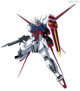 aile_strike_gundam artificial_eye artist_name beam_rifle charging_forward energy_gun energy_sword gun gundam gundam_seed highres holding holding_beam_saber holding_gun holding_weapon humanoid_robot looking_at_viewer mecha mechanical_arms mechanical_eye mechanical_hands mechanical_wings no_humans rifle robot shield shimashun simple_background strike_gundam striker_pack_(gundam) sword v-fin weapon white_background wings yellow_eyes