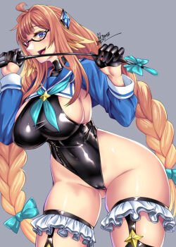 1girl black_gloves black_leotard blue_archive blue_eyes blue_sailor_collar blue_shrug blush braid breasts gloves gluteal_fold green_neckerchief green_ribbon groin hair_ornament hair_ribbon highleg highleg_leotard highres jin_nai large_breasts leotard long_hair looking_at_viewer neckerchief open_mouth orange_hair ribbon riding_crop sailor_collar shimiko_(blue_archive) shimiko_(magical)_(blue_archive) shrug_(clothing) sideboob smile solo thighs twin_braids