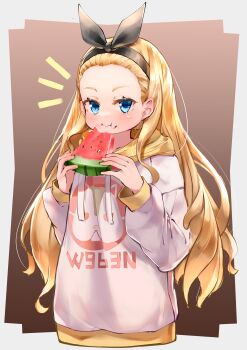 1girl :i absurdres black_hairband blonde_hair blue_eyes border bow_hairband brown_background commentary_request eating food forehead fruit grey_border hairband highres holding holding_food holding_fruit hood hood_down hoodie kirigirisu1221 kurumi_(lycoris_recoil) long_hair long_sleeves looking_at_viewer lycoris_recoil notice_lines simple_background solo watermelon watermelon_slice yellow_hood