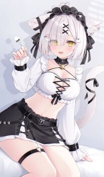 1girl ahoge animal_ears black_choker black_skirt breasts cat_ears cat_girl cat_tail choker cleavage crop_top eyes_visible_through_hair frilled_shirt frills hand_up headdress heart heart_ahoge highres holding large_breasts looking_at_viewer midriff mimikaki miniskirt navel open_mouth original shano_hiyori shirt short_hair skindentation skirt smile solo tail thigh_strap thighs white_hair white_shirt yellow_eyes