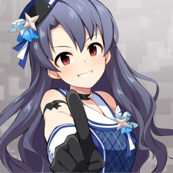 Rule 34 | 1girl, bare shoulders, black choker, black gloves, black hair, blue hat, blue shirt, breasts, brown eyes, choker, commentary request, gloves, hair between eyes, hat, highres, idolmaster, idolmaster million live!, idolmaster million live! theater days, index finger raised, long hair, looking at viewer, medium breasts, outstretched arm, revision, sailor collar, shirt, sleeveless, sleeveless shirt, smile, solo, takayama sayoko, tilted headwear, uccow, upper body, very long hair, white sailor collar