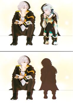 Rule 34 | 1boy, 1girl, absurdres, aqua dress, aqua thighhighs, black hairband, black jacket, black pants, blue ribbon, blush, caelus (honkai: star rail), collar, collared shirt, dress, firefly (honkai: star rail), grey hair, hair between eyes, hair intakes, hair ornament, hair ribbon, hairband, highres, honkai: star rail, honkai (series), jacket, long hair, open clothes, open jacket, open mouth, pants, ribbon, shirt, smile, thevarnese, thighhighs, trailblazer (honkai: star rail), white collar, white shirt