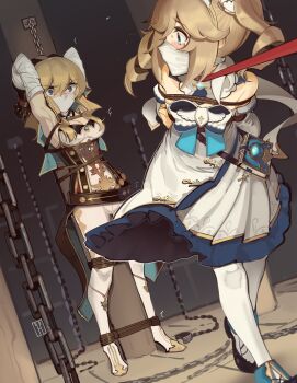 2girls absurdres animal_collar armpits arms_behind_back arms_up barbara_(genshin_impact) bare_shoulders bdsm blonde_hair blue_eyes bondage book bound bound_ankles bound_arms bound_legs bound_torso bound_wrists bow bowtie breasts cad_(caddo) chain chained cleavage cloth_gag collar cross crying detached_sleeves dress drill_hair female_focus full_body gag gagged genshin_impact gloves hair_bow high_heels highres improvised_gag jean_(genshin_impact) kaddo latin_cross long_sleeves looking_back multiple_girls pants pantyhose ponytail pulling restrained siblings sisters standing tape tape_gag tears twin_drills twintails walking white_dress white_legwear white_pants