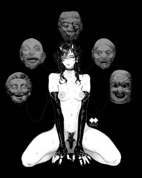 1girl artist_logo artist_name asymmetrical_bangs barefoot black_background breasts breasts_apart broad_shoulders choker closed_mouth collarbone colored_sclera earrings elbow_gloves feet female_pubic_hair fingerless_gloves fingernails full_body gloves godiva_ghoul greyscale heterochromia highres invisible_floor jewelry kneeling knees logo long_hair looking_at_viewer mask medium_breasts messy_hair mole mole_under_eye monochrome multiple_moles multiple_rings naked_gloves navel nipples no_nose nude on_floor original pubic_hair ring simple_background single_earring small_horns solo spread_legs statue stomach string sweat thighs