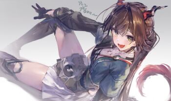 1girl absurdres arknights arknights:_endfield black_boots black_gloves blue_coat boots braid brown_hair chen_qianyu_(arknights) coat dragon_girl dragon_horns dragon_tail dress eastern_dragon_horns eastern_dragon_tail gloves gradient_background highres horns knee_boots long_hair looking_at_viewer open_mouth simple_background solo tail thighs white_dress yu_hydra