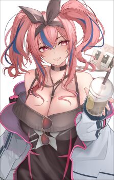 1girl absurdres asaikeu azur_lane bare_shoulders blush breasts bremerton_(azur_lane) bremerton_(day-off_date)_(azur_lane) choker cleavage commentary_request cup disposable_cup dress highres jacket large_breasts long_hair looking_at_viewer multicolored_hair off-shoulder_dress off_shoulder official_alternate_costume pink_eyes pink_hair solo streaked_hair sweater sweater_dress twintails white_background