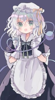 1girl alternate_costume alternate_headwear apron black_dress blush bow bowtie commentary_request dress enmaided eyeball gloves green_bow green_bowtie green_eyes green_hair grey_background hat hat_bow hiyuu_(hiyualice) komeiji_koishi long_hair looking_at_viewer maid maid_apron mob_cap open_mouth short_sleeves simple_background smile solo third_eye touhou white_apron white_gloves white_hat yellow_bow