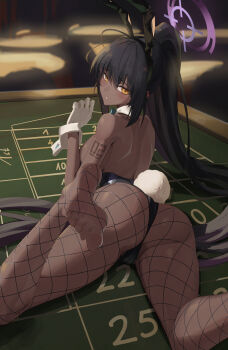 1girl absurdres animal_ears arm_tattoo ass black_hair blue_archive breasts casino casino_card_table commentary_request dark-skinned_female dark_skin fake_animal_ears fake_tail fishnet_pantyhose fishnets gloves halo high_ponytail highres karin_(blue_archive) karin_(bunny)_(blue_archive) large_breasts long_hair looking_at_viewer nstch_root_a official_alternate_costume pantyhose playboy_bunny ponytail purple_halo rabbit_ears rabbit_tail soles solo table tail tattoo toes very_long_hair white_gloves wrist_cuffs yellow_eyes
