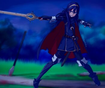 Rule 34 | 1girl, artist name, belt, blood, blood on face, blood on ground, blue boots, blue eyes, blue gloves, blue hair, boots, brand of the exalt, brown belt, cape, clenched teeth, commentary, commission, english commentary, eye symbol, falchion (fire emblem), fighting stance, fingerless gloves, fire emblem, fire emblem awakening, gloves, holding, holding sword, holding weapon, kirby otaku, lance, long hair, long sleeves, lucina (fire emblem), night, nintendo, outdoors, pointing melee weapon, pointing sword, polearm, solo, sword, teeth, thigh boots, weapon