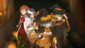 4girls :d animal_ear_headwear anime_coloring arm_belt arm_hug ascot bandage_on_hair bandaged_arm bandaged_neck bandaged_torso bandages belt black_capelet black_dress black_gloves black_hat black_pantyhose blue_eyes blue_hair boots boutonniere bow breasts brown_belt bucket candy capelet cassandra_ilion cleavage closed_mouth coat covered_navel danmachi_battle_chronicle daphne_lauros dress dungeon_ni_deai_wo_motomeru_no_wa_machigatteiru_darou_ka earrings elf eyeliner fake_animal_ears flower food frilled_dress frills game_cg gloves green_hair grey_eyes grey_hair hair_bow hair_over_one_eye halloween halloween_bucket halloween_costume hand_on_headwear hat highres holding holding_another&#039;s_arm holding_bucket jack-o&#039;-lantern jewelry lollipop long_hair makeup medium_breasts monocle monocle_chain multicolored_dress multiple_girls mummy_costume naked_bandage non-web_source official_alternate_costume official_art one_eye_covered open_clothes open_coat open_mouth orange_bow orange_dress pantyhose parted_lips pointy_ears red_ascot red_eyeliner red_flower red_hair red_rose red_shirt red_vest rose ryu_lion scared shirt short_hair sleeveless sleeveless_dress small_breasts smile swirl_lollipop syr_flover teardrop tight_clothes tight_dress trick-or-treating vampire_costume vest white_boots white_coat white_gloves witch witch_hat wrapped_candy yellow_eyes