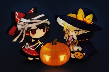 2girls absurdres ascot bandaged_head bandages black_hair blonde_hair blush_stickers bow candy cape detached_sleeves food frilled_skirt frills fumo_(doll) hair_bow hair_tubes hakurei_reimu halloween halloween_bucket hat hat_bow highres jack-o&#039;-lantern jitome kirisame_marisa lollipop long_sleeves loose_bandages multiple_girls natucurage pumpkin red_eyes skirt touhou witch_hat yellow_eyes