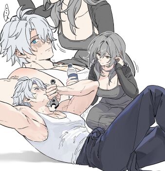 ... 1boy 1girl @_@ absurdres alternate_costume antenna_hair armpits averting_eyes black_jacket blue_eyes bottle breasts cleavage commentary dress flustered grey_dress grey_hair hand_in_own_hair hetero highres holding holding_bottle holding_wrench honkai:_star_rail honkai_(series) jacket knee_up long_hair looking_at_another lying meat7955 medium_breasts multiple_views on_back pants phainon_(honkai:_star_rail) short_hair sitting sleeveless sleeveless_dress smile spoken_ellipsis stelle_(honkai:_star_rail) sweat symbol-only_commentary tank_top trailblazer_(honkai:_star_rail) tucking_hair water_bottle white_background white_hair white_tank_top wrench yellow_eyes