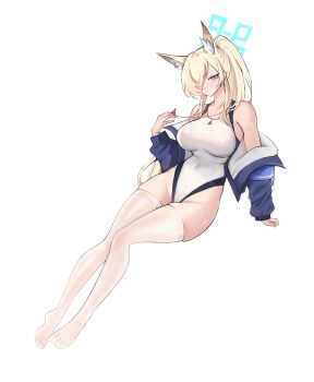1girl animal_ear_fluff animal_ears bare_shoulders blonde_hair blue_archive blue_eyes blue_halo blue_jacket breasts collarbone covered_navel dog_ears estelle8js extra_ears groin hair_over_one_eye halo highres holding holding_whistle jacket kanna_(blue_archive) kanna_(swimsuit)_(blue_archive) large_breasts long_hair looking_at_viewer one-piece_swimsuit open_clothes open_jacket ponytail rectangular_halo sitting solo swimsuit thighhighs thighs whistle whistle_around_neck white_background white_one-piece_swimsuit white_thighhighs