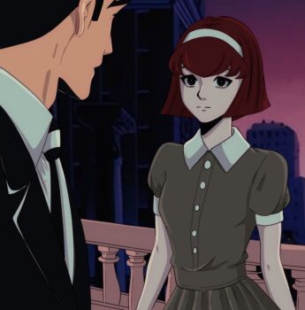 1boy 1girl bags_under_eyes black_hair building buttons closed_mouth collared_dress dress grey_dress hairband highres looking_at_another megadeus_mommy necktie outdoors pale_skin parted_lips pink_sky r_dorothy_wayneright railing red_hair roger_smith short_hair short_sleeves sideburns sky skyscraper striped_necktie the_big_o white_hairband