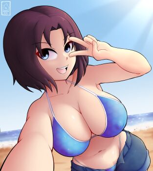 1girl artist_logo artist_name beach bikini black_hair blue_bikini blue_shorts blue_sky breasts collarbone covered_erect_nipples cowboy_shot day elma_(maidragon) female_focus gradient_hair hand_up kobayashi-san_chi_no_maidragon konan_exe large_breasts logo medium_hair multicolored_hair ocean open_clothes open_mouth open_shorts outdoors outstretched_arm purple_hair sand shorts sky smile solo swimsuit teeth two-tone_hair upper_teeth_only v water