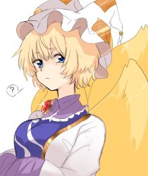 Rule 34 | 1girl, ?, animal ears, blonde hair, blue eyes, breasts, closed mouth, commentary, fox ears, hat, highres, kashiwara mana, looking at viewer, mob cap, multiple tails, short hair, simple background, solo, spoken question mark, tail, touhou, upper body, white background, white hat, yakumo ran
