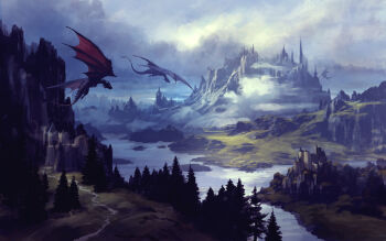 absurdres cloud cloudy_sky commentary day dragon english_commentary fantasy flying fog highres krita_(medium) landscape mountain original outdoors path philipp_urlich pine_tree river road scenery sky sunlight tree water western_dragon yellow_eyes