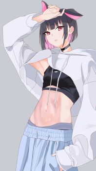 1girl absurdres animal_ears black_choker black_hair black_sports_bra blue_archive blue_pants cat_ears choker colored_inner_hair commentary_request extra_ears grey_background hand_up highres hooded_shrug kazusa_(blue_archive) long_sleeves looking_at_viewer multicolored_hair navel no_halo pants parted_lips pink_hair red_eyes short_hair shrug_(clothing) simple_background solo sports_bra standing stomach tadenuma_(wsyn2743) white_shrug