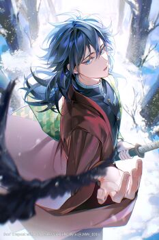 Rule 34 | 1boy, absurdres, bare tree, bird, black bird, black hair, blue eyes, commentary, day, demon slayer uniform, english commentary, from side, half-closed eyes, haori, highres, jacket, japanese clothes, katana, kimetsu no yaiba, long hair, looking at viewer, looking to the side, male focus, open mouth, outdoors, pianjian, print haori, red haori, sheath, sheathed, snow, solo, sword, tomioka giyuu, tree, twitter username, watermark, weapon