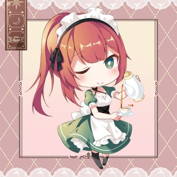 1girl apron chibi chucolala coffee_pot cup disposable_coffee_cup disposable_cup green_eyes hair_between_eyes hiseki_erio long_hair looking_at_viewer maid maid_apron maid_headdress one_eye_closed ponytail red_hair sirokuma_shake smile solo virtual_youtuber