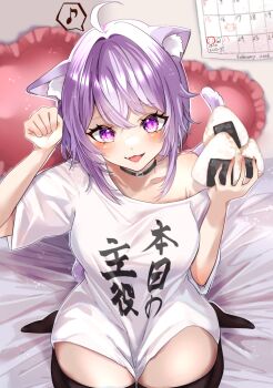 absurdres animal_ear_fluff animal_ears black_thighhighs breasts calendar_(object) cat_day cat_ears cat_girl cat_tail commentary_request food heart heart-shaped_pillow heart-shaped_pupils highres hololive honnoshioriii kneeling large_breasts nekomata_okayu onigiri pillow purple_eyes purple_hair shirt short_hair single_bare_shoulder single_off_shoulder symbol-shaped_pupils tail thighhighs virtual_youtuber white_shirt