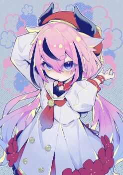 Rule 34 | 1other, a.i. voice, adjusting clothes, adjusting headwear, arms up, bare shoulders, beret, black dress, black horns, black streaks, blue background, blue eyes, blue hair, blue nails, blush, buttons, closed mouth, collar, commentary request, contrast collar, diagonal-striped background, double-breasted, double-parted bangs, dress, floral background, flower, from above, gomashimashio, gradient hair, gradient necktie, gynoid talk, hat, headset, highres, horned hat, horns, layered dress, long hair, looking at viewer, low twintails, meika hime, multicolored hair, multicolored nails, nail polish, necktie, pink background, pink hair, plum blossoms, puffy sleeves, red collar, red hat, red nails, red necktie, red ribbon, ribbon, sailor collar, short eyebrows, sidelocks, standing, streaked hair, striped background, thick eyebrows, three-quarter sleeves, twintails, upper body, very long hair, white dress, white sailor collar, wrist ribbon