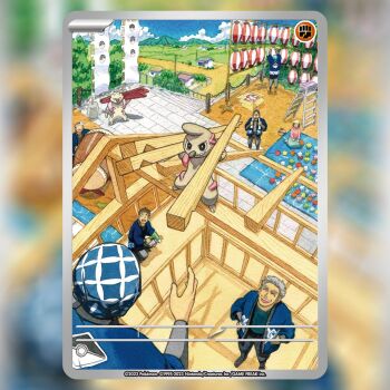 1girl akase_yuriko bandana blue_bandana blue_jacket blue_skirt blue_sky box brown_hair card_(medium) chain cloud commentary company_name construction construction_site copyright_name copyright_notice day drum english_commentary gen_5_pokemon grass grey_hair gurdurr hands_on_own_hips hat holding house instrument jacket ladder multiple_boys nintendo official_art open_clothes open_jacket open_mouth outdoors pink_shirt poke_ball_print pokemon pokemon_(creature) pokemon_card pokemon_tcg railing shadow shirt short_hair skirt sky smile stairs steel_beam taiko_drum teeth textless_version third-party_source timburr trading_card tree upper_teeth_only wooden_beam