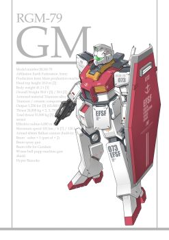 Rule 34 | aoi onion, beam gun, beam rifle, character name, commentary request, earth federation, earth federation space forces, energy gun, english text, gm (mobile suit), gm ii, green visor, gundam, highres, mecha, mecha focus, military rank insignia, mobile suit, mobile suit gundam, no humans, original, radio antenna, redesign, robot, roundel, science fiction, shield, stats, weapon, white background, zeta gundam