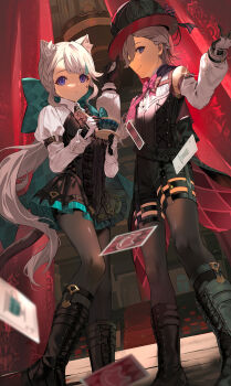 1boy 1girl animal_ears aqua_bow black_gloves black_headwear blonde_hair boots bow bowtie brother_and_sister card cat_ears cat_girl cat_tail coattails commentary_request corset cup curtains facial_mark facial_tattoo frilled_leotard frills genshin_impact gloves grey_hair hat hat_tip highres holding holding_cup huge_bow lace-up_boots leotard long_hair long_sleeves looking_at_viewer lynette_(genshin_impact) lyney_(genshin_impact) miniskirt motto_(night_wear) multicolored_gloves pale_skin pantyhose pink_bow pink_bowtie playing_card purple_eyes ribbon shine shirt short_hair siblings skirt sleeveless smile star_(symbol) star_facial_mark star_tattoo tail tattoo tea teacup top_hat two-tone_gloves white_shirt
