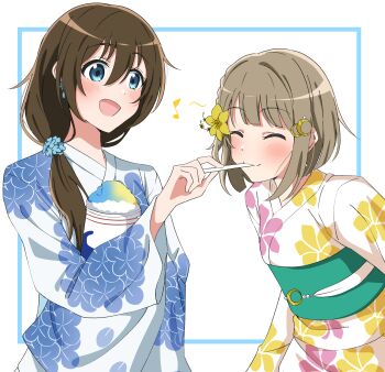 2girls :d ^_^ absurdres blue_border blue_flower blue_kimono bob_cut border brown_hair closed_eyes commentary cowboy_shot eating eighth_note feeding floral_print floral_print_kimono flower food green_sash hair_flower hair_ornament highres hydrangea_print inset_border japanese_clothes kimono looking_at_another looking_at_viewer love_live! love_live!_nijigasaki_high_school_idol_club low_side_ponytail multiple_girls musical_note nakasu_kasumi official_alternate_costume open_mouth osaka_shizuku pink_kimono print_kimono sash shaved_ice short_hair side_ponytail simple_background smile standing uchuu_no_mozuku white_background yellow_flower yellow_kimono