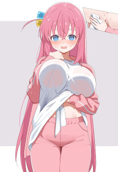 1girl @_@ absurdres annrichan blue_eyes bocchi_the_rock! breasts cowboy_shot cube_hair_ornament flustered gotoh_hitori hair_ornament highres jacket large_breasts no_bra one_side_up pants pink_hair shirt solo sweat towel track_jacket track_pants track_suit wet wet_clothes white_shirt wiping_sweat
