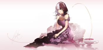 1girl alternate_costume arm_strap black_hair breasts chalice closed_mouth cup dress f15xallen high_heels highres hololive hololive_english large_breasts long_hair multicolored_hair purple_dress shiori_novella signature solo split-color_hair two-tone_hair virtual_youtuber white_background white_hair yellow_eyes