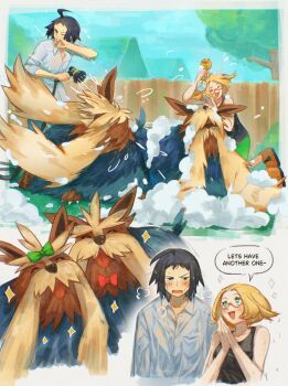 &gt;_&lt; +_+ 1boy 1girl :d bianca_(pokemon) black_hair black_shirt blonde_hair blush brown_shoes cheren_(pokemon) collared_shirt commentary day english_text fence foam gen_5_pokemon glasses grass green_pants hands_up highres holding holding_hose hose miiyokoe nintendo open_mouth outdoors pants pokemon pokemon_(creature) pokemon_bw2 red-framed_eyewear semi-rimless_eyewear shirt shoes smile speech_bubble stoutland tree wet wet_clothes wet_shirt white_shirt