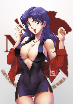 Rule 34 | 1girl, absurdres, blue eyes, blurry, blurry background, breasts, cleavage, commentary, cowboy shot, cross, cross necklace, curtained hair, dress, female focus, hands up, highres, jacket, jacket partially removed, jewelry, katsuragi misato, large breasts, lena dai, long hair, looking at viewer, necklace, neon genesis evangelion, nerv, no bra, open mouth, panties, parted hair, purple dress, purple hair, red jacket, red panties, short dress, side slit, smile, solo, underwear