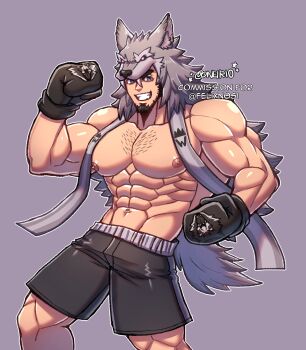 1boy bara beard biceps black_hair black_shorts blue_eyes boxing_gloves commission cowboy_shot danny_(felixnosi) facial_hair flexing full_beard grin highres large_pectorals looking_at_viewer male_focus mature_male muscular muscular_male obliques oneirio original pectorals short_hair shorts shredded_muscles smile solo sparse_chest_hair thick_eyebrows v-taper wolf_hood wrestler