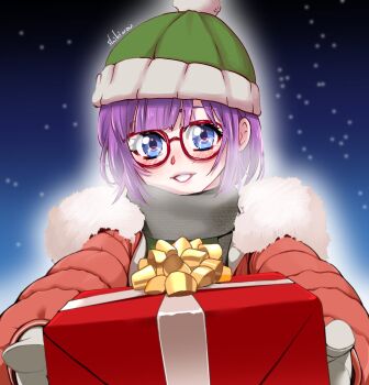 1girl blue_eyes blush box christmas christmas_present chrono_trigger coat fur-trimmed_coat fur_trim gift gift_box glasses hat highres holding holding_box holding_gift incoming_gift looking_at_viewer lucca_ashtear purple_hair shikiwo short_hair smile snowing solo sweater