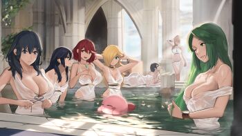 6+girls ;) aqua_eyes arch armpits arms_up ass bangle bare_shoulders bathhouse bathing bayonetta bayonetta_(series) black_eyes black_hair black_ribbon blonde_hair blue_eyes box bracelet breasts female_byleth_(fire_emblem) cardboard_box chest_jewel cleavage cleavage_cutout closed_eyes closed_mouth clothing_cutout collarbone creature female_focus fire_emblem fire_emblem:_three_houses fire_emblem_awakening floating glasses green_eyes green_hair hair_over_one_eye hand_on_own_chest holding holding_own_hair j@ck jewelry kid_icarus kirby kirby_(series) large_breasts leaning_forward loincloth long_hair looking_at_viewer lucina_(fire_emblem) lying mario_(series) matching_hair/eyes medium_breasts metal_gear_(series) metroid multiple_girls naked_towel navel nintendo nipples one_eye_closed palutena partially_submerged petals petals_on_liquid pillar ponytail pyra_(xenoblade) red_eyes red_hair ribbon rosalina samus_aran see-through_clothes short_hair sleeveless small_breasts smile straight_hair strap_slip super_mario_galaxy super_smash_bros. super_smash_bros._logo swept_bangs towel very_long_hair water xenoblade_chronicles_(series) xenoblade_chronicles_2