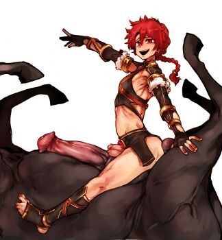 1boy alexander_(fate) animal_penis bestiality braid doppel_(bonnypir) ear_piercing earrings fate/grand_order fate_(series) fur_trim gloves hair_between_eyes highres horse horse_penis huge_penis jewelry long_hair looking_at_viewer male_focus male_pubic_hair midriff multiple_penises nail_polish open_mouth penis penis_and_testicles_touching penis_size_difference piercing pubic_hair red_eyes red_hair shota single_braid small_penis smile solo stirrup_legwear testicles toeless_legwear uncensored veins veiny_penis yaoi