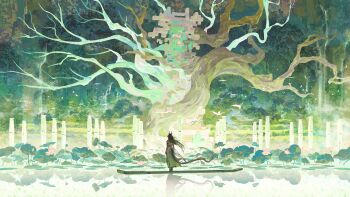 Rule 34 | 1girl, arknights, arknights: endfield, black hair, branch, dragon girl, dragon horns, dragon tail, eastern dragon horns, eastern dragon tail, facing away, green pants, highres, horns, logo, long hair, lotus leaf, luckyia, official art, pants, reflection, reflective liquid, second-party source, solo, tail, zhuang fangyi (arknights)