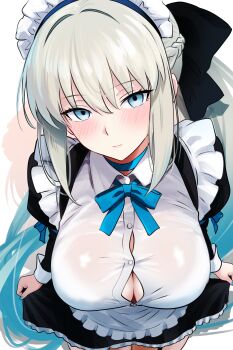 1girl absurdres bamboo_tac black_bow black_dress blue_eyes blush bow braid breasts cleavage commentary_request dress fate/grand_order fate_(series) grey_hair hair_bow highres large_breasts long_hair long_sleeves looking_at_viewer morgan_le_fay_(fate) ponytail sidelocks solo very_long_hair