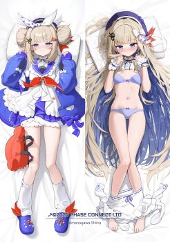 1girl absurdres amanogawa_shiina amanogawa_shiina_(sailor) ascot barefoot blonde_hair blue_bra blue_eyes blue_hair blue_hat blue_jacket blue_panties blue_shoes blush bow bra colored_inner_hair commentary crocs double_bun double_dakimakura_(medium) dress emma_0215 frilled_cuffs frilled_dress frills hair_bow hair_bun hat highres jacket kneehighs long_hair multicolored_hair navel official_alternate_costume official_alternate_hairstyle official_art on_bed panties phase_connect pillow red_ascot red_bag sailor_collar scissors_hair_ornament shoes skirt skirt_around_ankles socks symbol-only_commentary underwear unworn_socks very_long_hair virtual_youtuber white_jacket white_skirt white_socks
