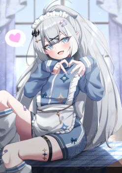 1girl absurdres ahoge alternate_costume apron bandaid bandaid_on_knee bandaid_on_leg blue_jacket blue_nails blurry blurry_background blush commentary_request extra_pupils fang female_tyrant_(stella_sora) four-finger_heart_hands grey_hair hair_ornament hairclip head_tilt heart heart_hands high_ponytail highres jacket jersey_maid kamesys key knee_up long_hair loose_socks maid maid_apron messy_hair nail_polish open_mouth pointy_ears ponytail sitting smile socks solo speech_bubble spoken_heart stella_sora thigh_strap track_jacket tyrant_(stella_sora) unconventional_maid very_long_hair waist_apron watermark x_hair_ornament