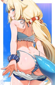 1girl animal_ears ass bikini blonde_hair blue_bikini blue_eyes blue_sky blue_streaks cat_ears commentary day fins fish_girl fish_tail frilled_bikini frills from_behind halterneck highleg highleg_bikini highres indie_virtual_youtuber lifebuoy_hair_ornament long_hair looking_at_viewer looking_back low_twintails outdoors sameko_saba sameko_saba_(1st_costume) shorts side-tie_bikini_bottom sky solo striped_bikini striped_clothes swimsuit tail tenchi_mayo twintails undressing very_long_hair virtual_youtuber white_shorts