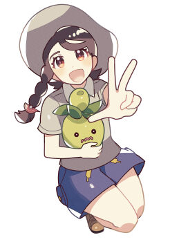 1girl :d anidler91 blue_shorts braid brown_eyes brown_footwear brown_hair collared_shirt full_body grey_hat grey_shirt hat highres holding holding_pokemon juliana_(pokemon) long_hair nintendo open_mouth outstretched_arm pokemon pokemon_(creature) pokemon_sv school_uniform shirt short_sleeves shorts side_braid simple_background smile smoliv solo uva_academy_school_uniform w white_background
