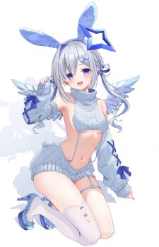 1girl :d absurdres alternate_costume amane_kanata angel angel_wings animal_ears aran_sweater asymmetrical_bangs bare_shoulders blue_hair blue_nails blush breasts cable_knit colored_inner_hair commentary_request detached_sleeves fake_animal_ears fake_tail feathered_wings full_body garter_straps gradient_wings grey_hair grey_sweater hair_ornament hair_rings hairclip halo heart heart_o-ring high_heels highres hololive kneeling long_hair looking_at_viewer low_twintails multicolored_hair multicolored_wings nail_polish navel o-ring o-ring_thigh_strap official_alternate_hairstyle open_mouth purple_eyes rabbit_ears rabbit_tail simple_background single_hair_intake single_thighhigh sleeves_past_wrists small_breasts smile solo star_halo stomach streaked_hair sweater tail teeth thigh_strap thighhighs turtleneck turtleneck_sweater twintails underboob upper_teeth_only virgin_destroyer_sweater virtual_youtuber white_background white_thighhighs wings ysnhryk